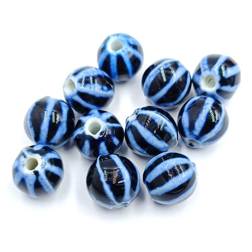 10 perles porcelaine ronde rayée ~10mm bleu