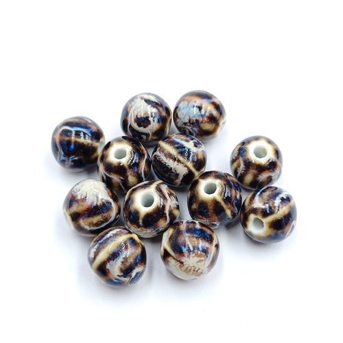 10 perles porcelaine ronde rayée ~10mm marron