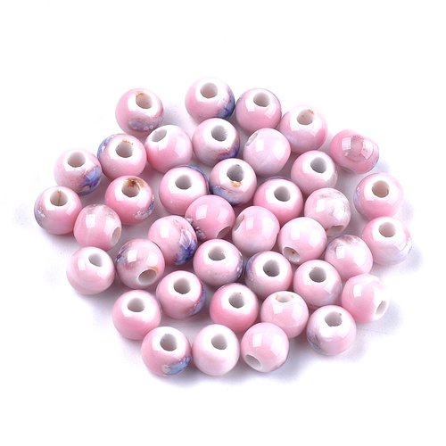 20 perles en porcelaine émaillées rondes rose  6mm~7mm