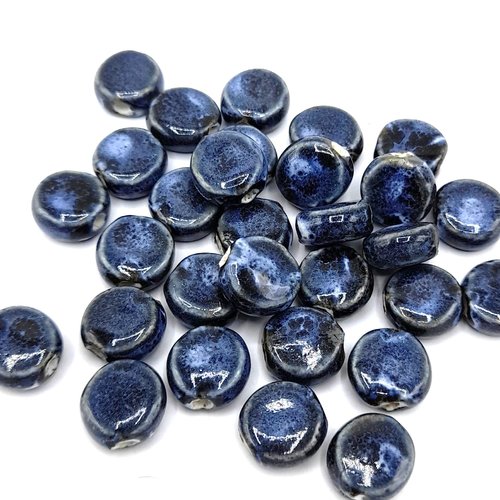 X10 perles en porcelaine émaillées plates rondes bleu antique ~10mm -