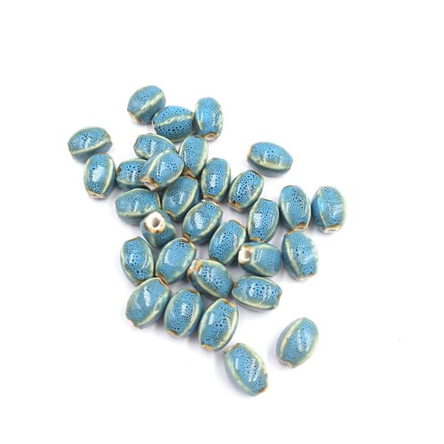 Lot de 10 perles porcelaine manuelles ovales - bleu profond émaillé antique - 12-14mm