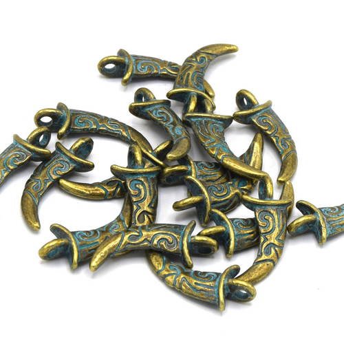 5 cornes métal bronze patiné turquoise  pendentifs/breloques 30mm btb02 
