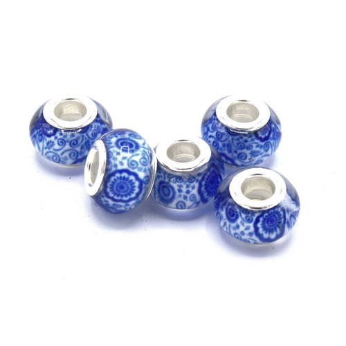 5 perles  bracelet charms bleu porcelaine 14mm 