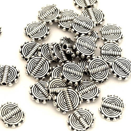 10 perles plates métal style tibétain rondes argent antique, 8.3x9.7mm ref pia2016012 