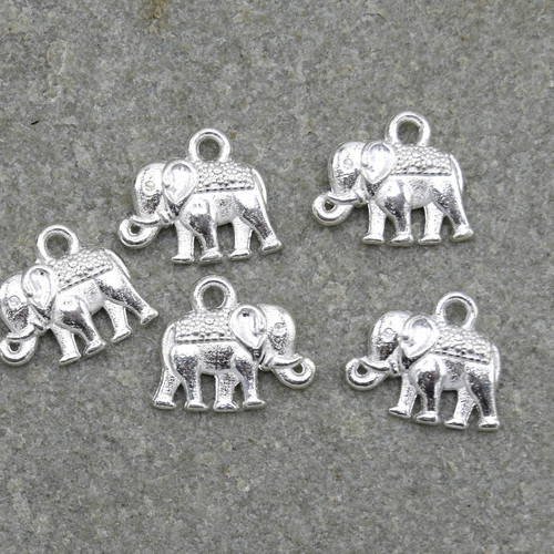 5 breloques éléphants argent brillant 14x12mm - b42 -silver elephant charms 