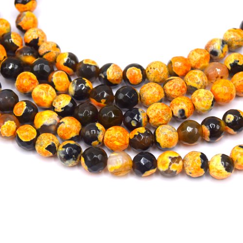 Perles d'agate craquelée ronde, grade a, facettes orange et noir 6mm. - lot de 20 unités