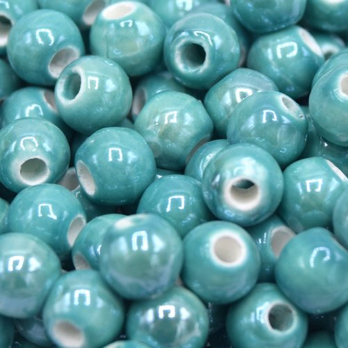 Perles en porcelaine émaillées rondes cyan bleu-vert ~6mm- lot de 20 unités