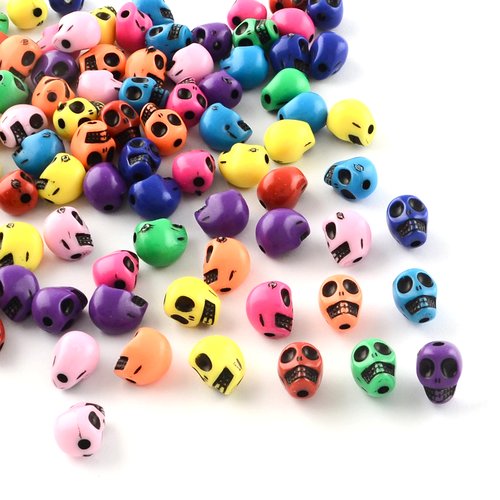 Perles tête de mort, crâne multicolore 10mm - lot de 50 perles