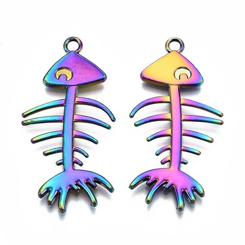 Fishbone en métal arc en ciel , pendentifs arêtes de poissons - lot de 2 unités