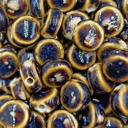 10 perles en porcelaine émaillée plate ronde 12mm marron coco