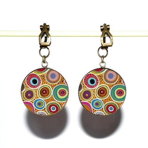 Clips d’oreilles bronze avec cabochons en résine * motifs multicolores * 8