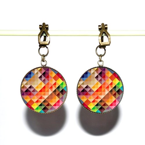 Clips d’oreilles bronze avec cabochons synthétiques * motifs multicolores * 2