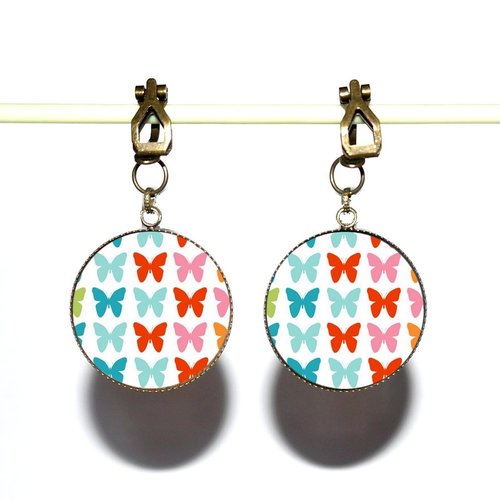 Clips d’oreilles bronze avec cabochons synthétiques * papillons multicolores *