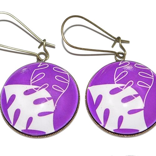 Boucles d’oreilles bronze avec cabochons en verre * feuillages sur fond violet * 2