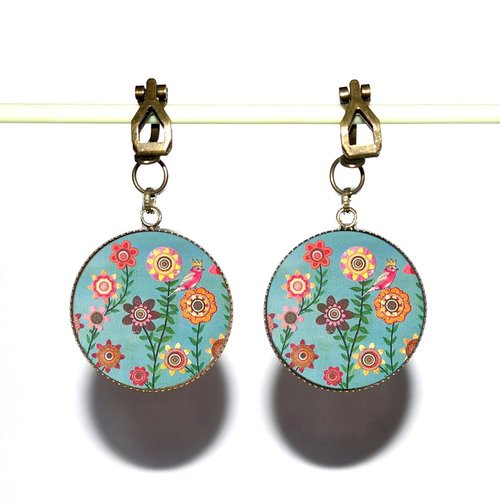Clips d’oreilles bronze avec cabochons en résine * fleurs multicolores *