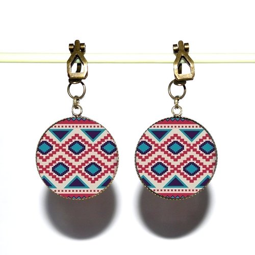 Clips d’oreilles bronze avec cabochons en résine * motifs navajo * 4