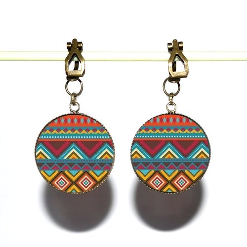 Clips d’oreilles bronze avec cabochons en résine * motifs navajo *