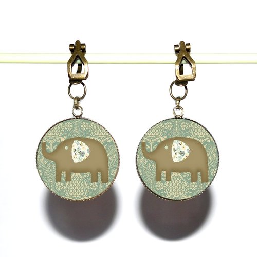 Clips d’oreilles bronze avec cabochons en résine * eléphants *