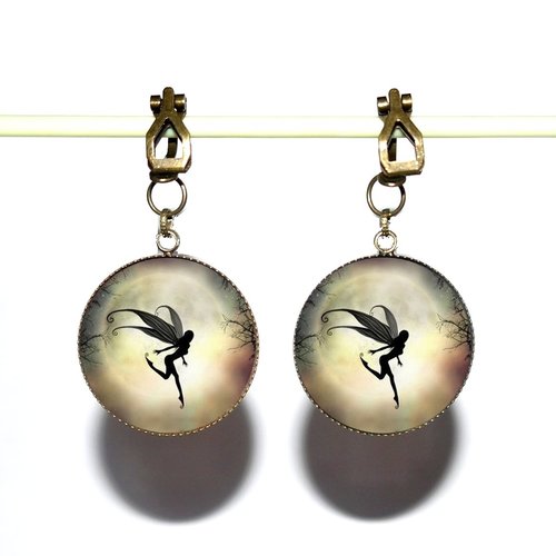 Clips d’oreilles bronze avec cabochons en résine * fée de la lune * 3