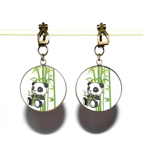 Clips d’oreilles bronze avec cabochons en résine * panda *