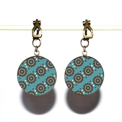 Clips d’oreilles bronze avec cabochons en résine * motifs bleus * 30