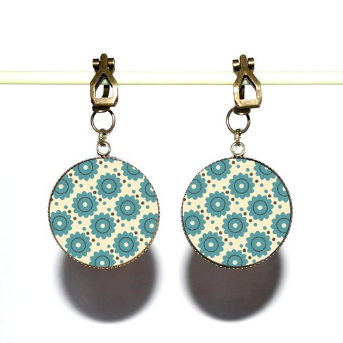 Clips d’oreilles bronze avec cabochons en résine * motifs bleus * 31