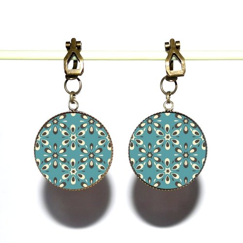 Clips d’oreilles bronze avec cabochons en résine * motifs bleus * 32