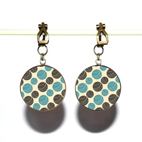 Clips d’oreilles bronze avec cabochons en résine * motifs bleus * 35