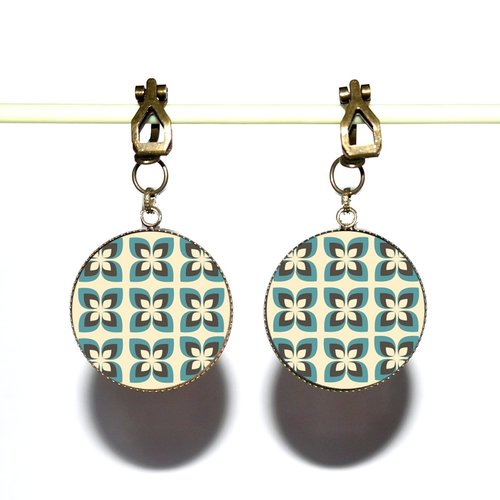 Clips d’oreilles bronze avec cabochons en résine * motifs bleus * 36
