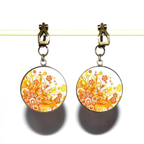 Clips d’oreilles bronze avec cabochons synthétiques * fleurs oranges *