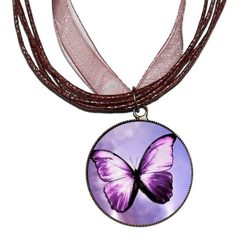 Collier organza marron avec cabochon en résine * papillon violet * 