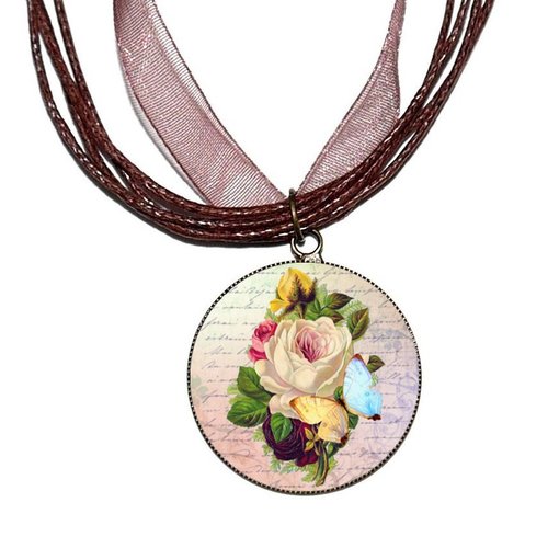 Collier organza marron avec cabochon en résine * fleurs vintage *
