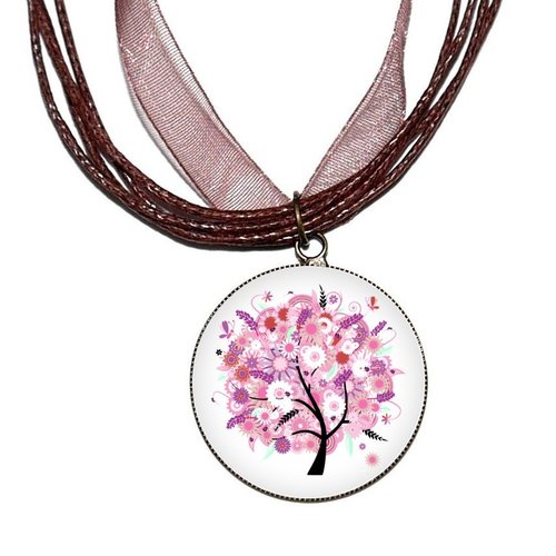 Collier organza marron avec cabochon en résine * arbre fleuri rose * 