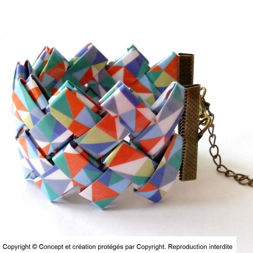 Bracelet manchette en papier plastifié de grande qualité ; 100% fait main * collection formes géométriques multicolores *