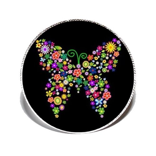 Bague argentée avec cabochon en résine * papillon multicolore *