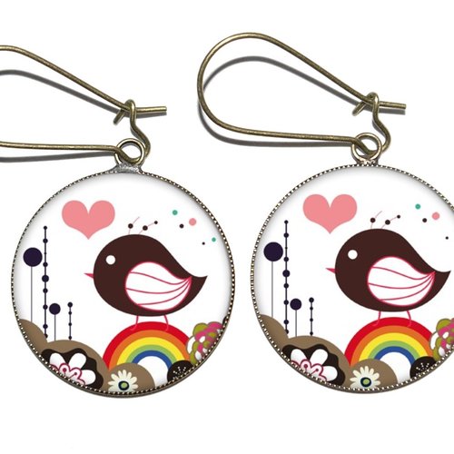 Boucles d’oreilles bronze *oiseau arc-en-ciel et son cœur* avec cabochons en résine