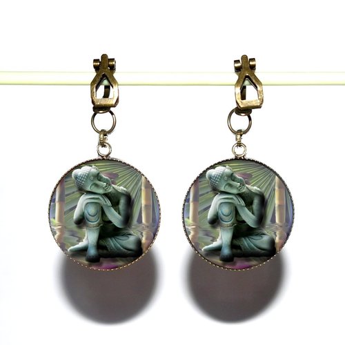 Clips d’oreilles bronze avec cabochons en résine * bouddha *
