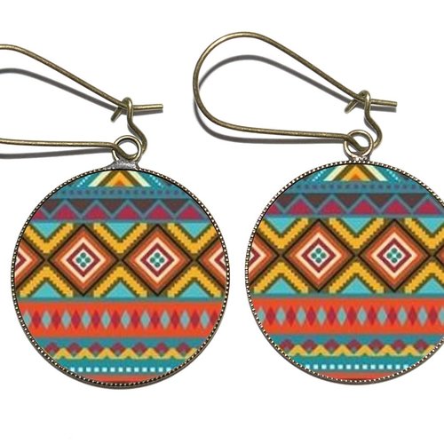Boucles d’oreilles bronze avec cabochons en résine * motifs navajo *
