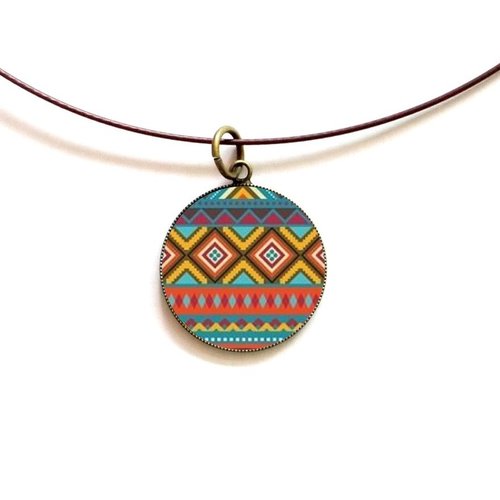 Collier tour de cou câblé bronze avec cabochon en résine * motifs navajo *