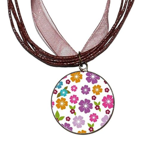 Collier organza marron avec cabochon en résine * motifs floraux asiatiques * 2