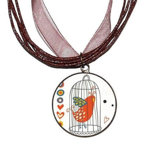 Collier organza marron avec cabochon en résine * oiseau dans sa cage*
