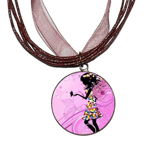 Collier organza marron avec cabochon en résine * fée fleurie *