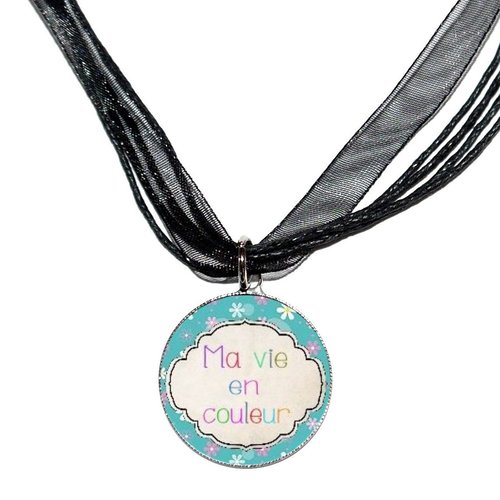 Collier organza noir avec cabochon en résine * ma vie en couleurs *