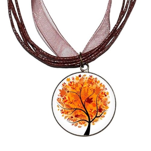 Collier organza marron avec cabochon en résine * arbre d'automne *