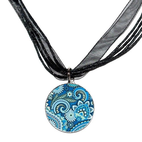 Collier organza noir avec cabochon en verre * spirales bleues *