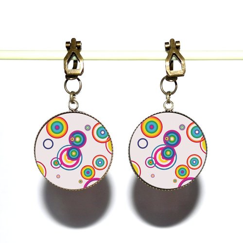 Clips d’oreilles bronze avec cabochons synthétiques * motifs multicolores *