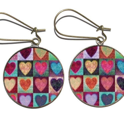 Boucles d’oreilles bronze avec cabochons en résine * cœurs multicolores *