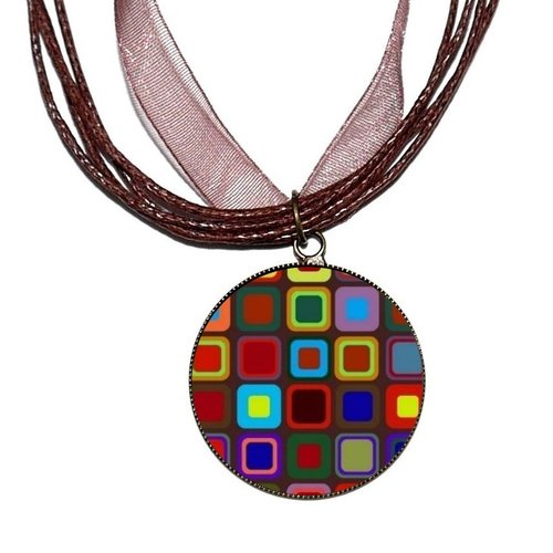 Collier organza marron avec cabochon en résine * motifs multicolores * 2