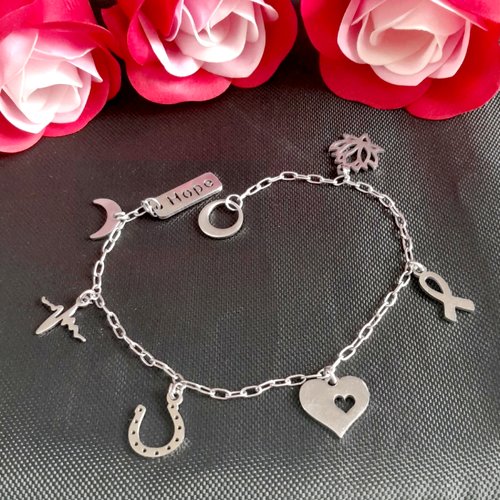 Bracelet porte-bonheur cancer - bijou espoir femme - acier inoxydable - cadeau soutien maladie - ruban, lotus, coeur, hope