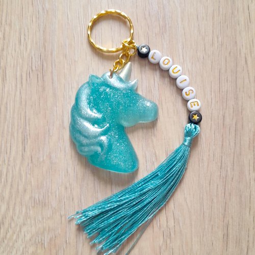 Porte-clé licorne pailletée personnalisable turquoise – prénom au choix – fait main